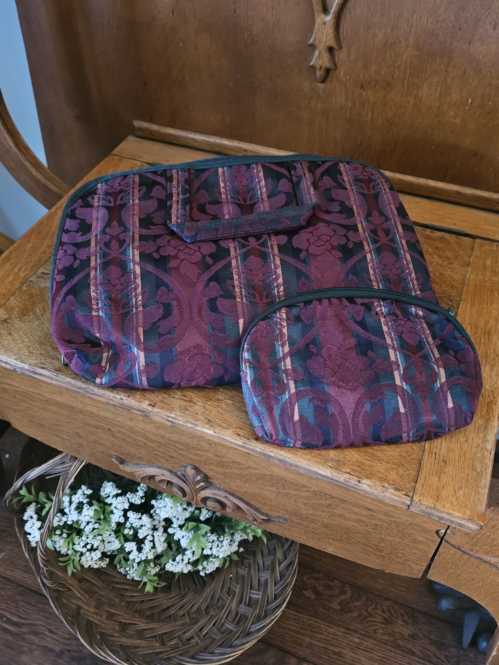 Vintage 90s Tapestry Travel Cosmetic Bag & Pouch Set